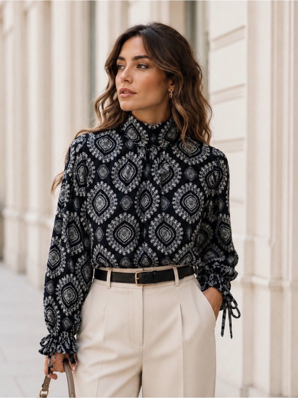 LOFT Tutleneck Paisley Geometric Print Long Sleeve Blouse